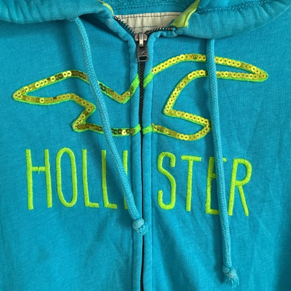 Vintage Y2K Hollister Womens Medium Spellout Turquoise Zip Up Hoodie‎ Preppy - Picture 3 of 8
